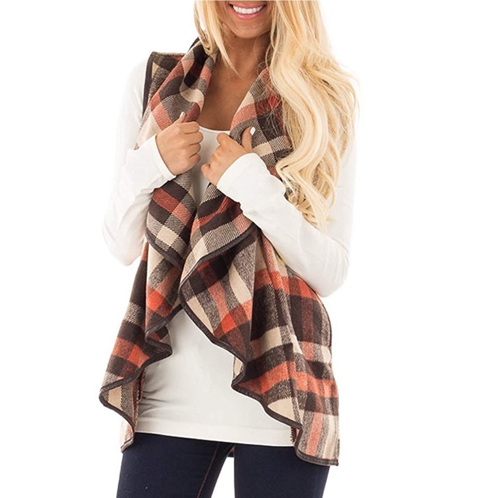 Vest Plaid Sleeveless Open Front Cardigan
